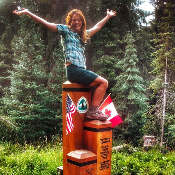 Heather Anderson celebrates after she completed the PCT in 2018