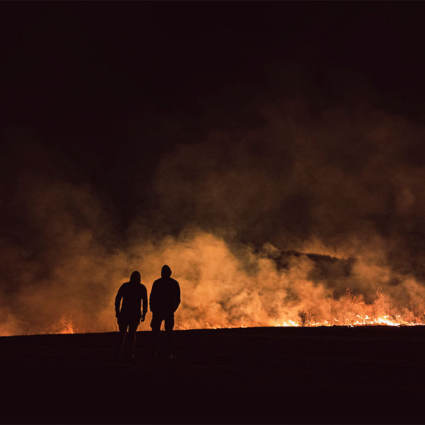 View of wildfire in a field in the evening