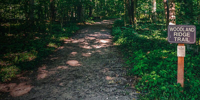 A trail sign for Woodland Ridge Trail at Hogback Ridge Park