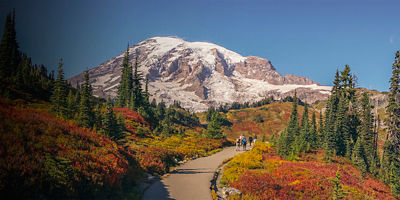 Hikers on the Wonderland Hiking Trail around Mount Rainier, Washington