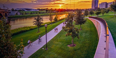 Bikers and walkers along Scioto Mile in Columbus, Ohio