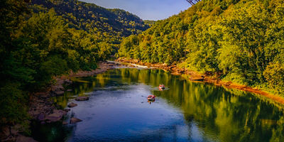 Rafters under New River Gorge Bridge in West Virginia.