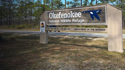 Entrance sign at the Okefenokee National Wildlife Refuge, North America's largest blackwater swamp.