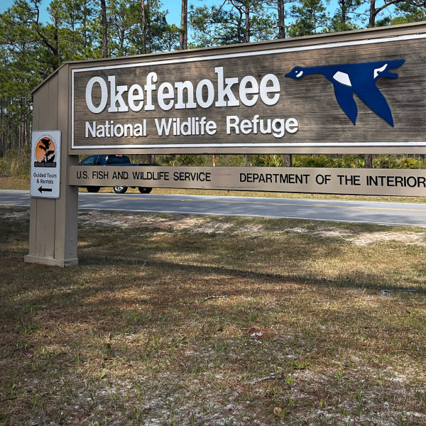 Entrance sign at the Okefenokee National Wildlife Refuge, North America's largest blackwater swamp.