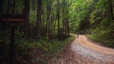 A biker rides on the fire road in Mulberry Gap, Georgia