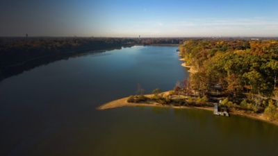 Beautiful view of Hempstead Lake State Park on a sunny day. New York, USA.