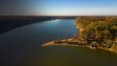 Beautiful view of Hempstead Lake State Park on a sunny day. New York, USA.