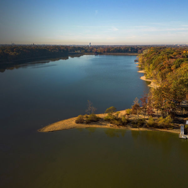 Beautiful view of Hempstead Lake State Park on a sunny day. New York, USA.