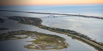 Ariel view of Long Island New York at Jones Beach State Park with parkways in view