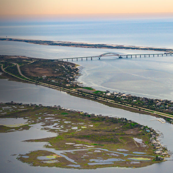Ariel view of Long Island New York at Jones Beach State Park with parkways in view