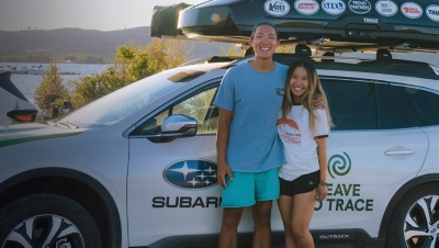 Haley Toy and Gary Huey pose with their Subaru
