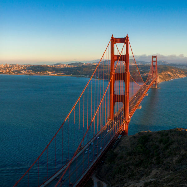 Aerial sunset view of the Golden Gate Bridge from Battery Spencer, Golden Gate National Recreation Area, in San Francisco, California.