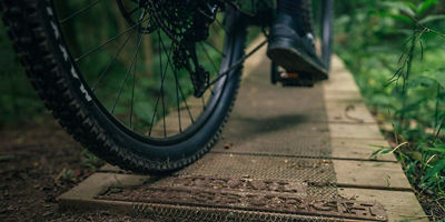 Close up of bike tire on a bridge