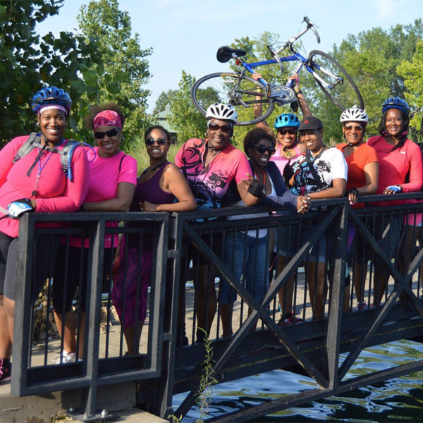 Detroit bikers posing for a picture during a ride in the summer 