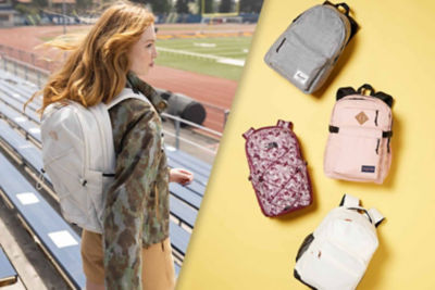 double image of teen wearing backpacks and product flatlays.