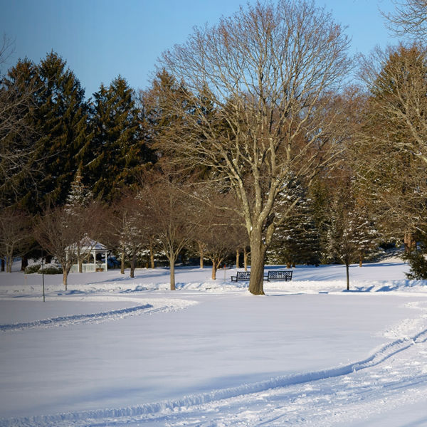 Cross country skiers ski tracks at  Cushing memorial park Framingham 