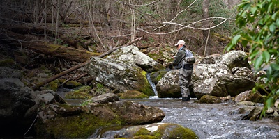 A veteran fly fishing at Rapidan Camp