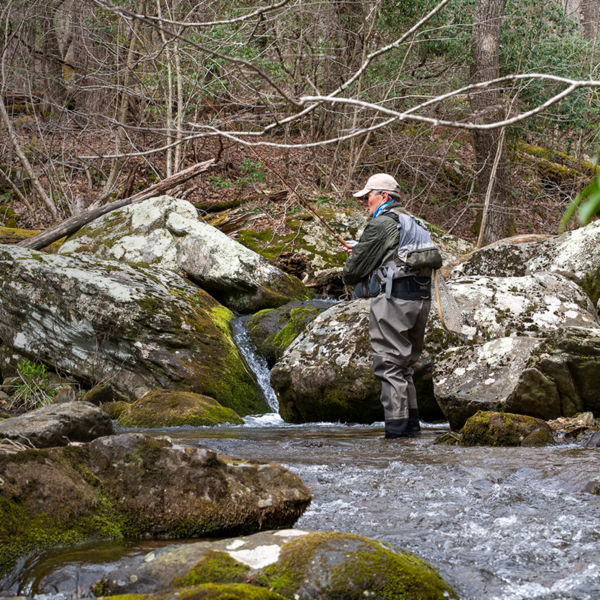 A veteran fly fishing at Rapidan Camp