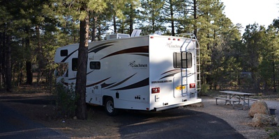 An RV sits in Mather Campground in Grand Canyon