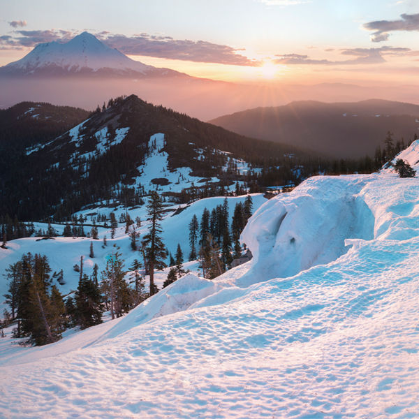 View of Mount Shasta Volcano with glaciers, in California, USA. Panorama from Heart Lake Mount Shasta is a potentially active volcano at the southern end of the Cascade Range in Siskiyou County