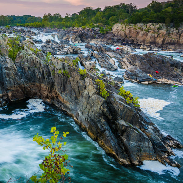 View of rapids in the Potomac River at sunset, at Great Falls Park, Virginia.