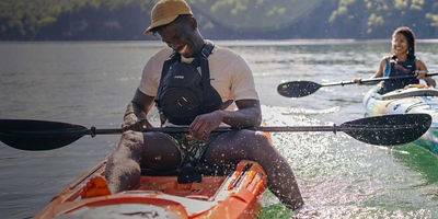 Two kayakers on a lake