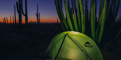MSR tent illuminated from within at twilight in Organ Pipe National Monument, Arizona