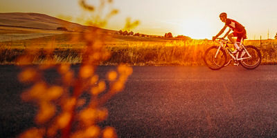 A man cycling on the road along farms