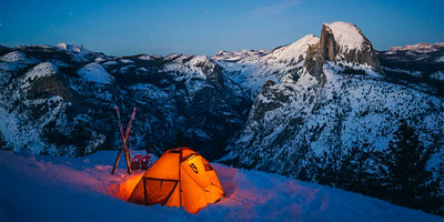Winter camping at Glacier Point in Yosemite National Park.