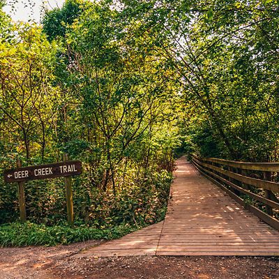 The Deer Creek Trail sign in Frick Park, Pittsburgh, Pennsylvania