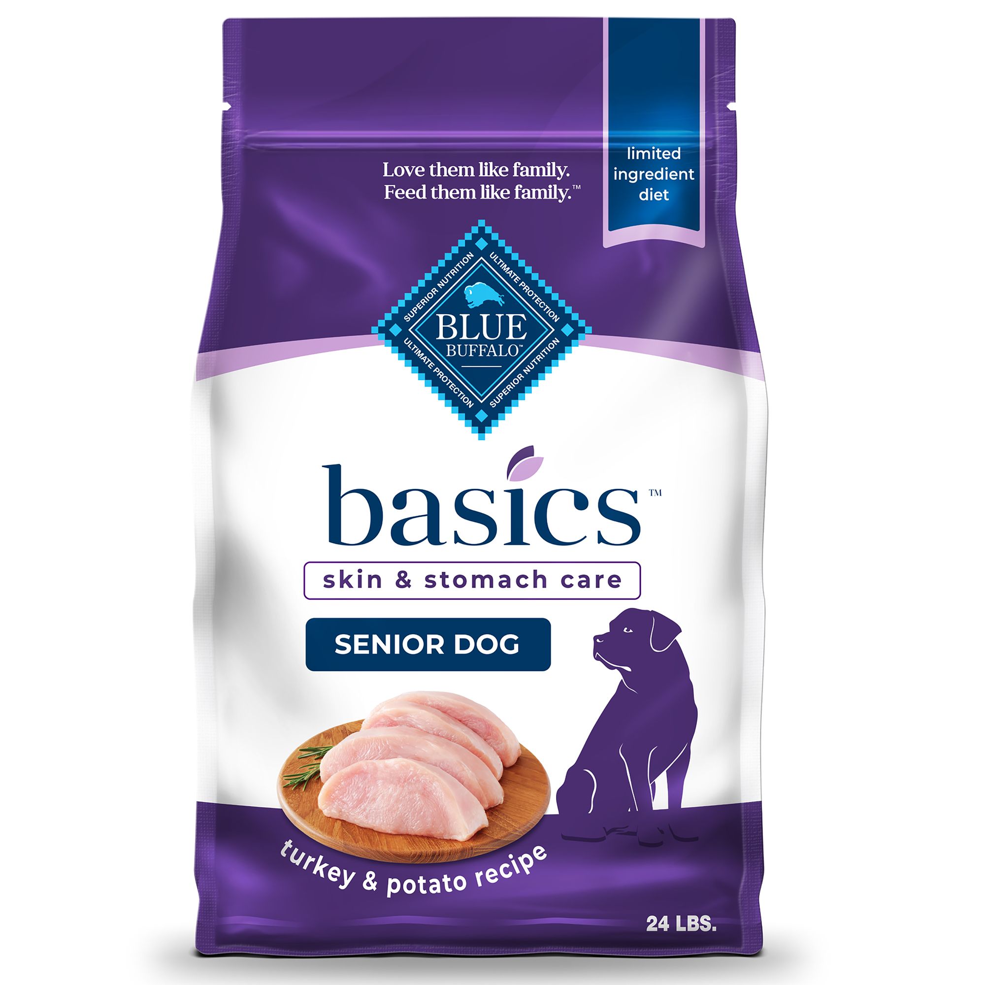Blue Buffalo Basics Skin and Stomach Care, Turkey and Potato Senior Dry Dog Food, Chicken Free, size: 24 lbs | PetSmart