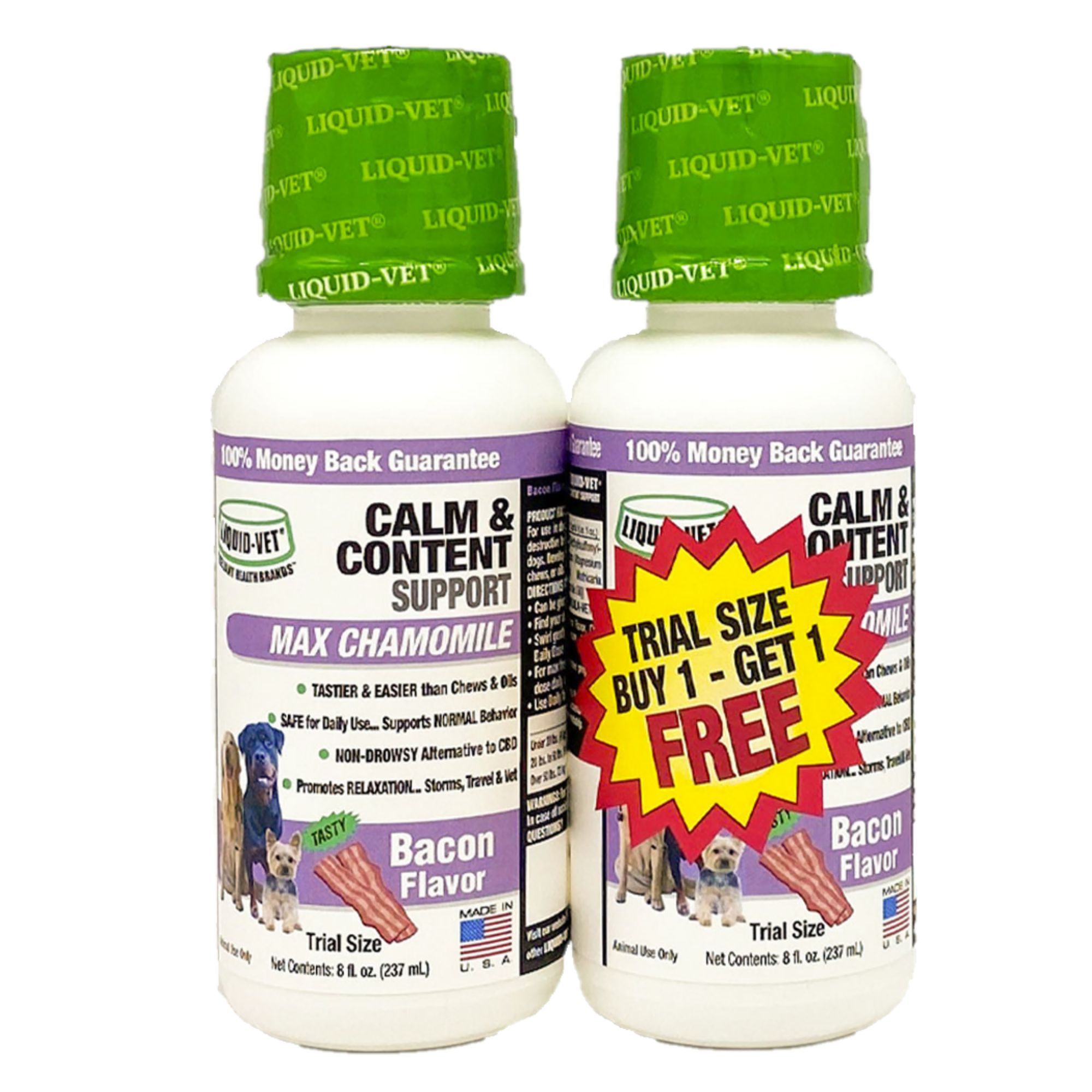 Liquid-Vet Dog K9 Calm And Content Supplement, Anxiety Relief, Multiple Flavors, 8Oz 2-Pack, 32 oz, Flavor: Real Bacon | PetSmart
