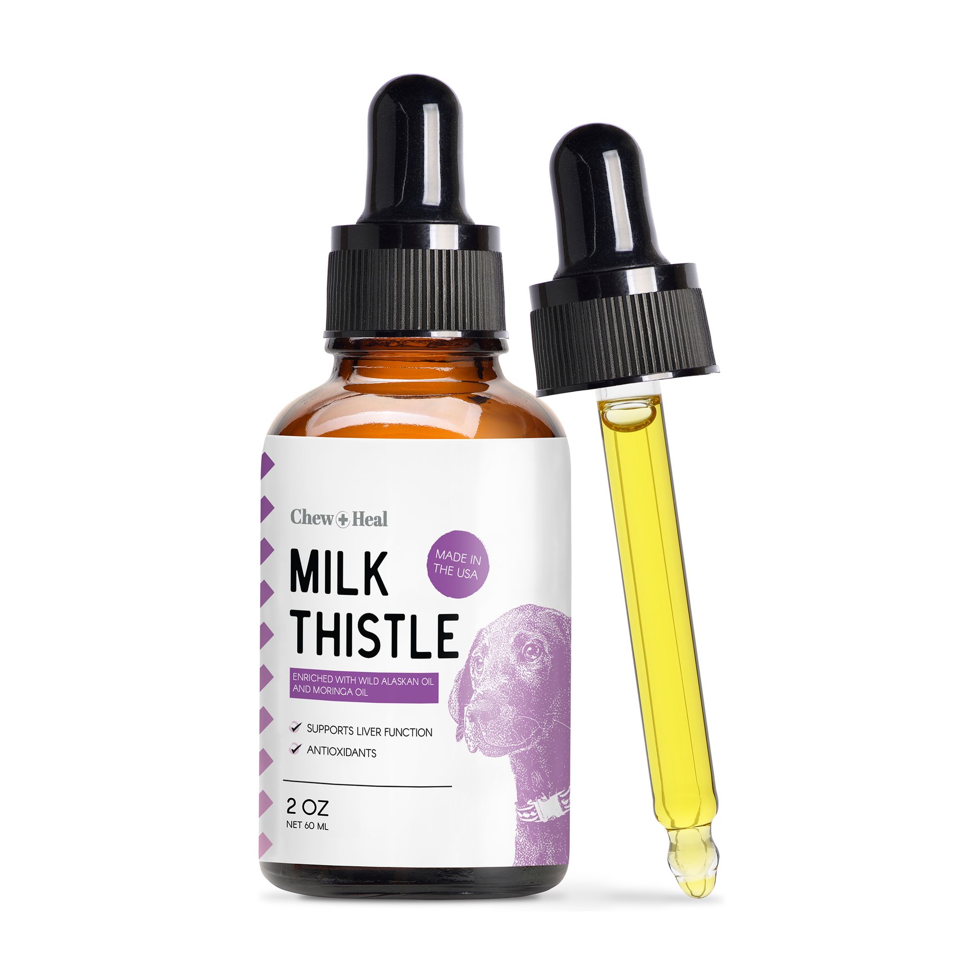 Chew + Heal Dog Milk Thistle Moringa Oil And Salmon Liver Support Tincture, Skin Coat, 2-Fl oz, Adult, Size: 2 Fl oz | PetSmart