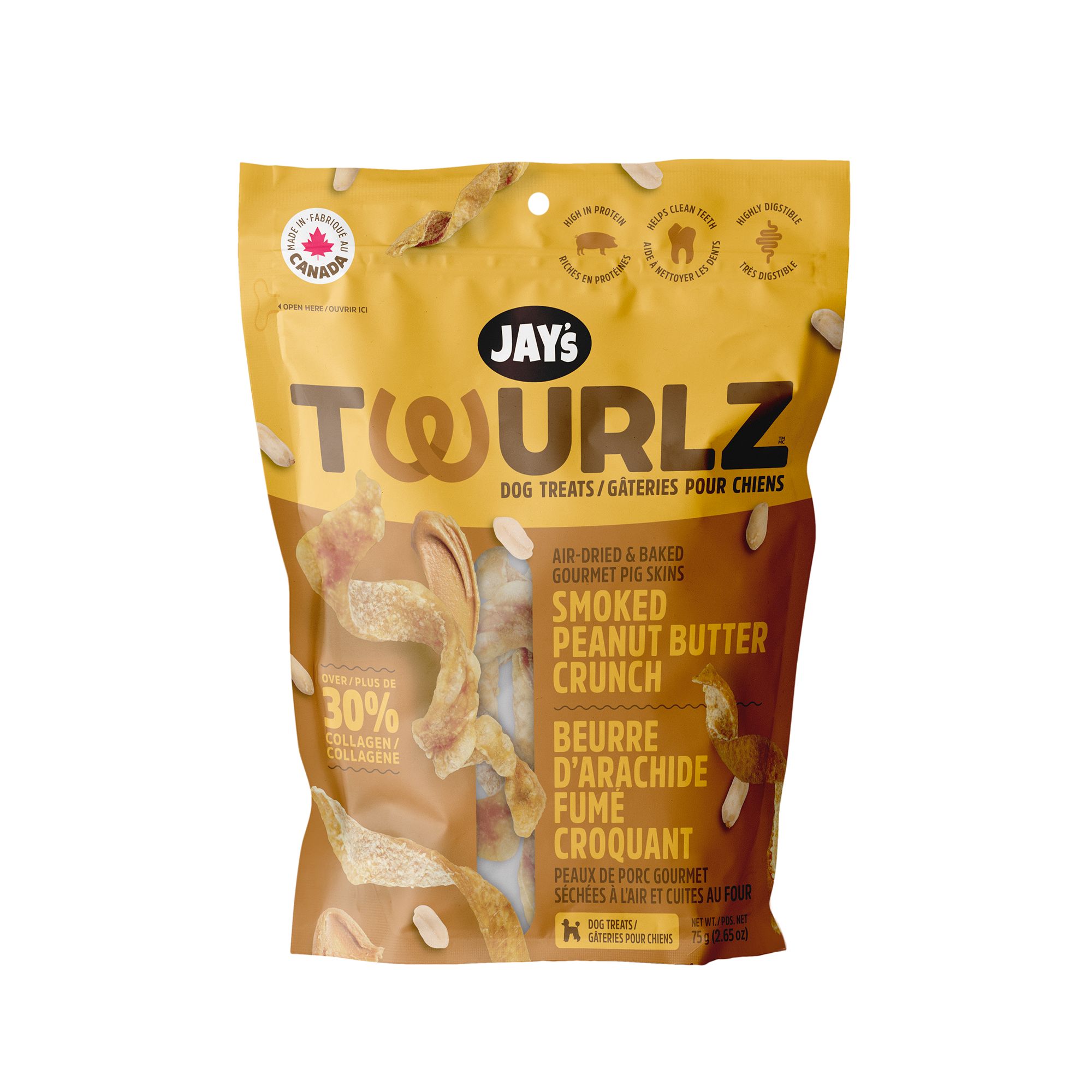 Jay's Twurlz Gourmet Pork Skin Dog Treats, Peanut Butter Flavor, size: 75 g | PetSmart