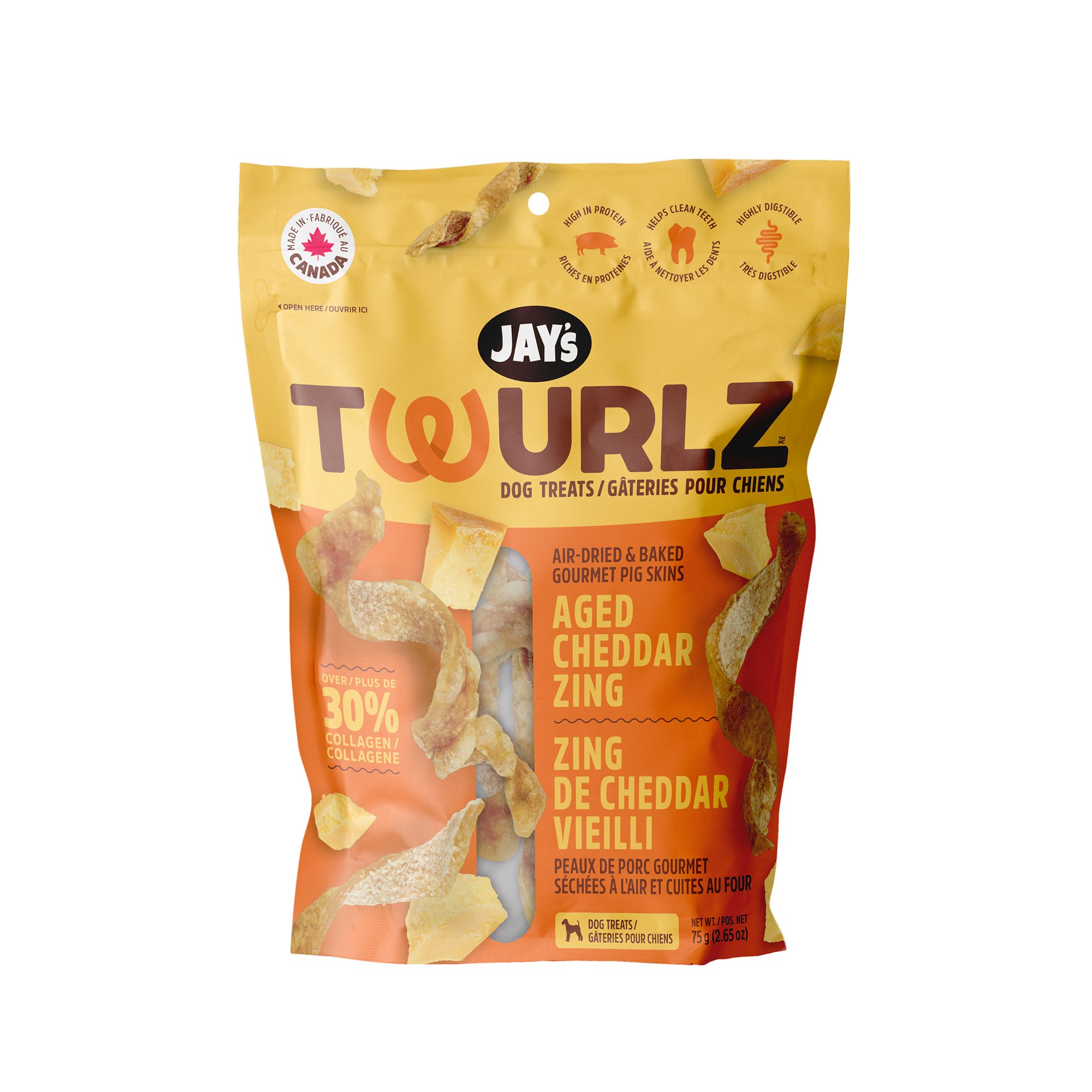 Jay's Twurlz Gourmet Pork Skin Dog Treats, Aged Cheddar Zing Flavor, size: 75 g | PetSmart