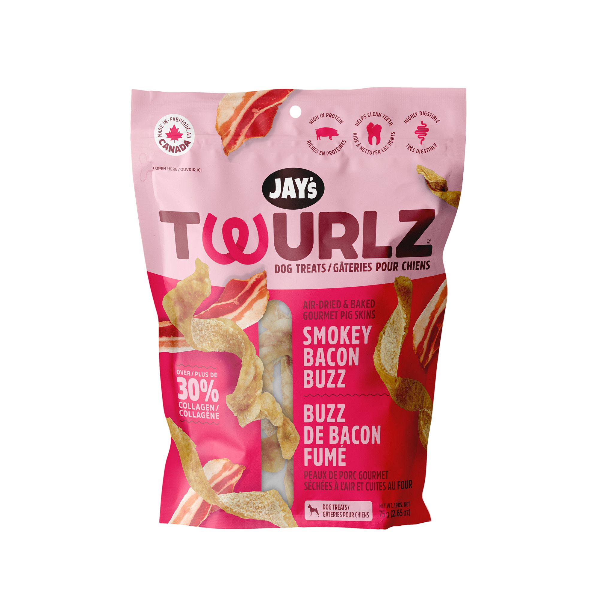 Jay's Twurlz Gourmet Pork Skin Dog Treats, Smokey Bacon Flavor, size: 75 g | PetSmart