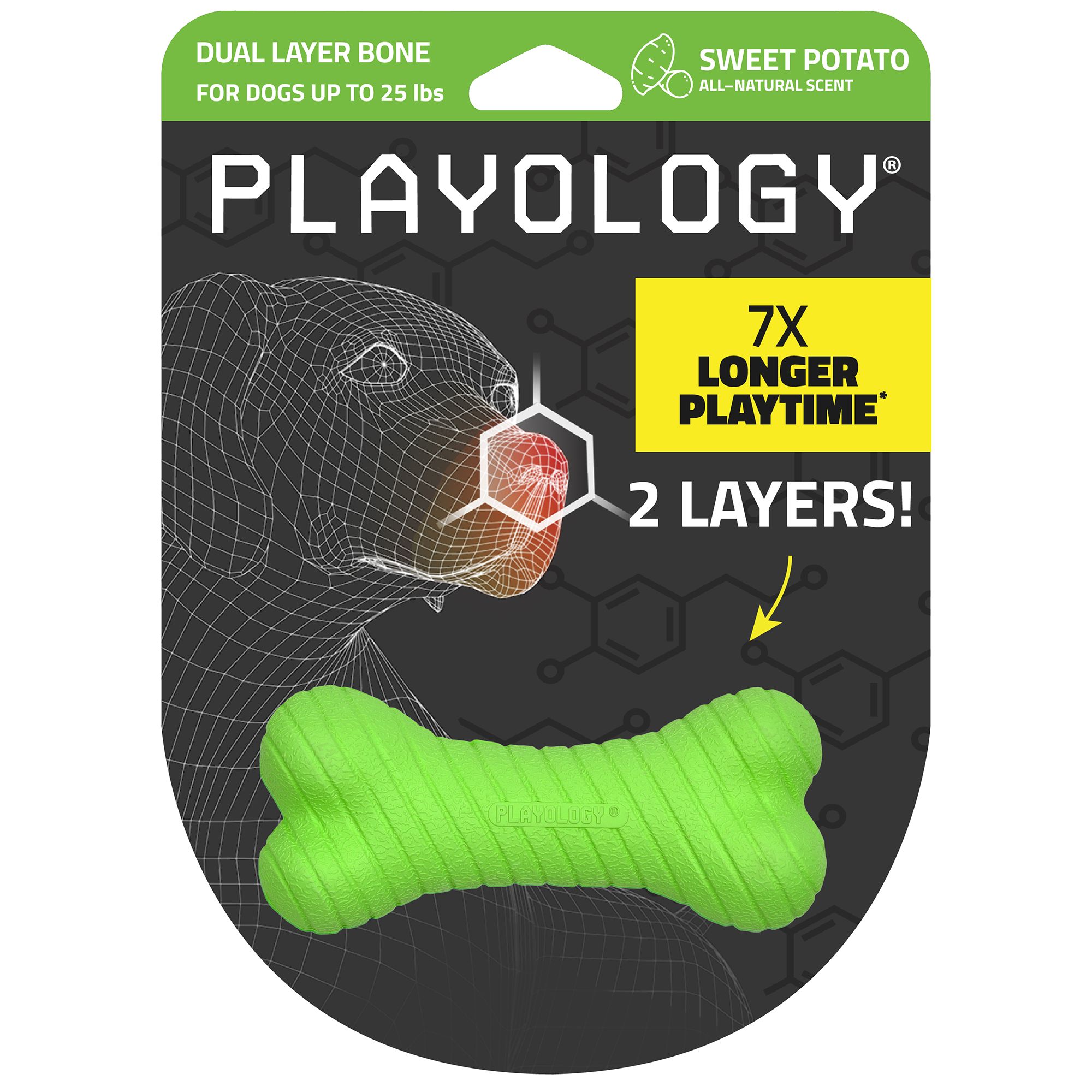 Playology Sweet Potato Scented Dual Layer Bone Dog Toy, Small in Green | PetSmart