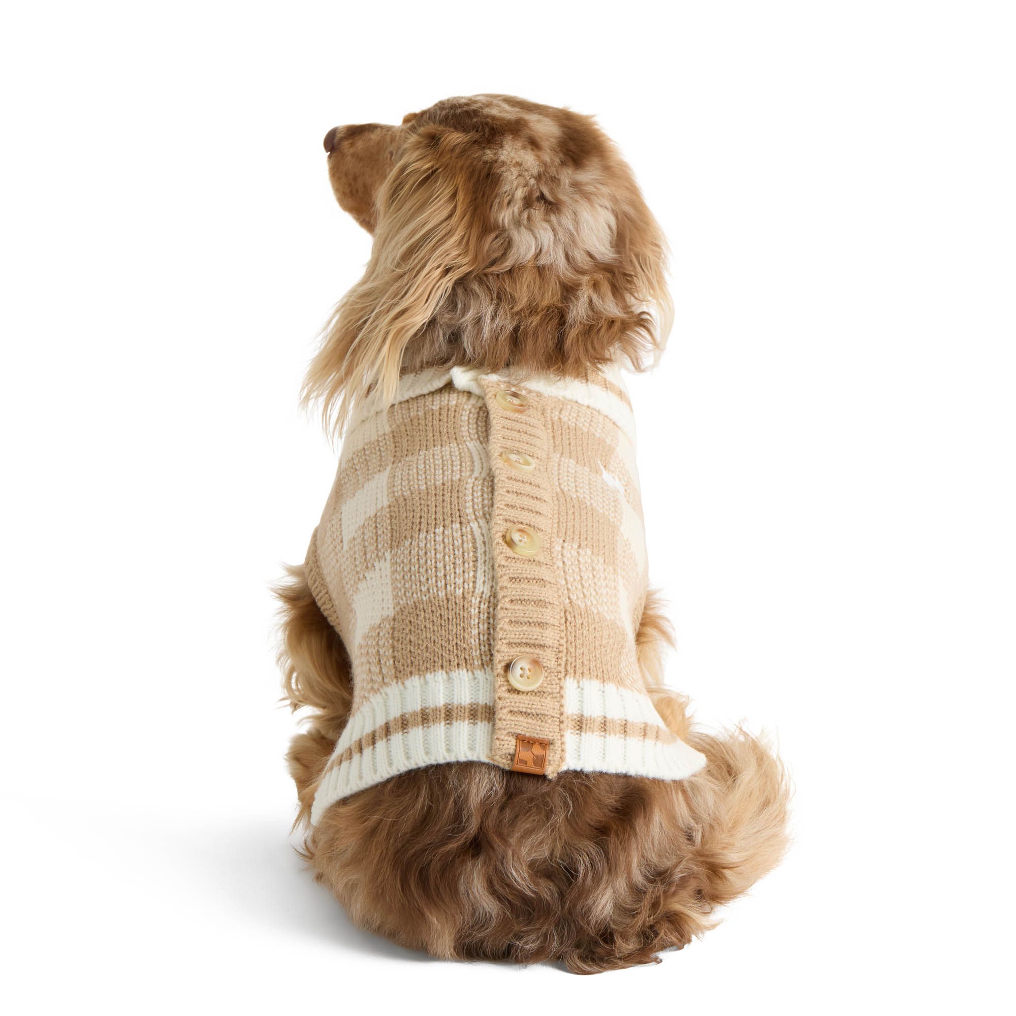 HOTEL DOGGY Dog Plaid Sweater Cardigan in Beige, size: Small | PetSmart