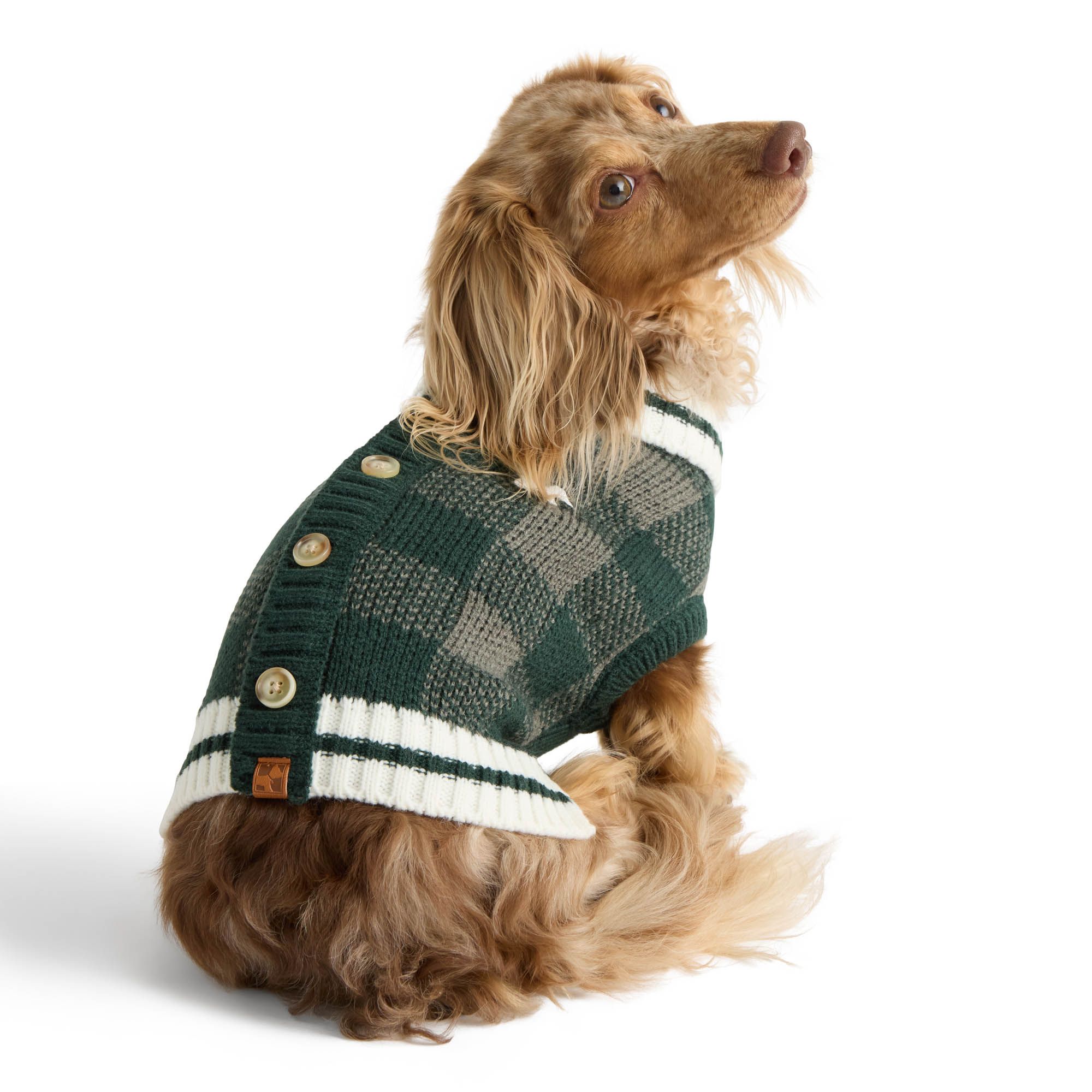 HOTEL DOGGY Dog Plaid Sweater Cardigan in Green, size: Small | PetSmart