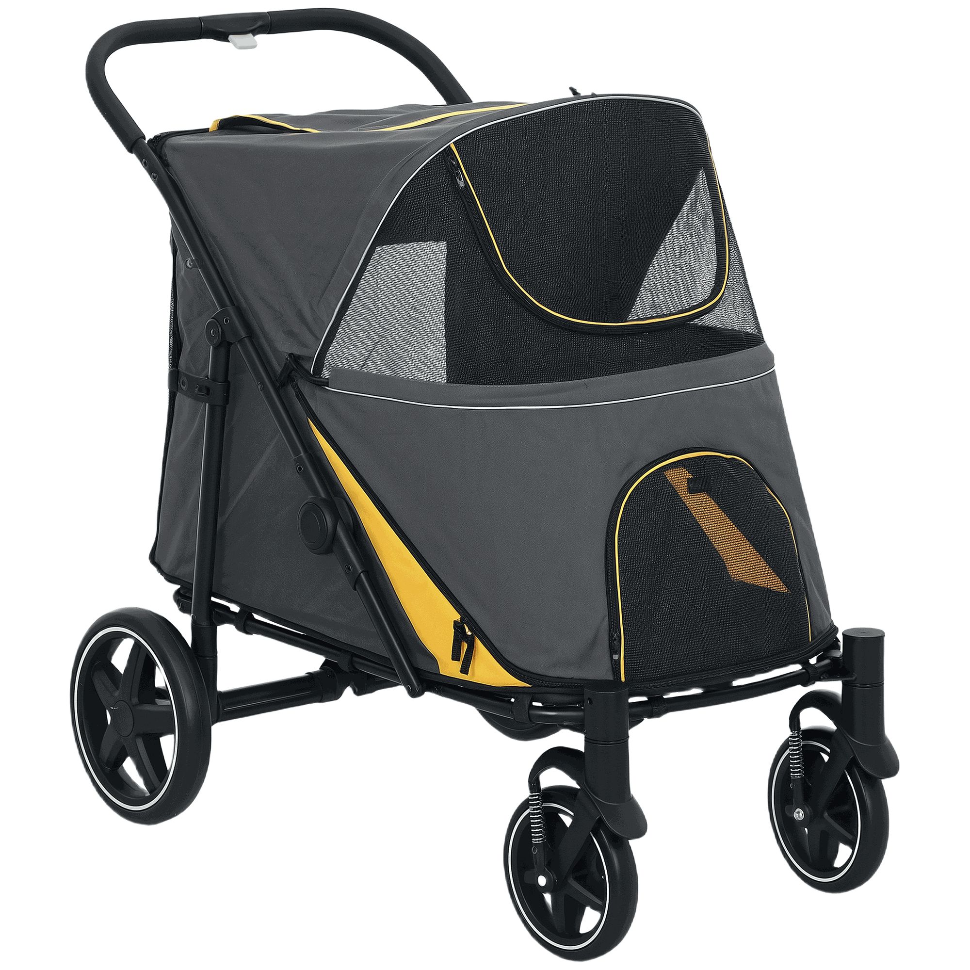 PawHut Pet Stroller with Universal Front Wheels, Shock Absorber, One-Click Foldable Dog Cat Carriage with Brakes, Storage Bags | Aosom Canada
