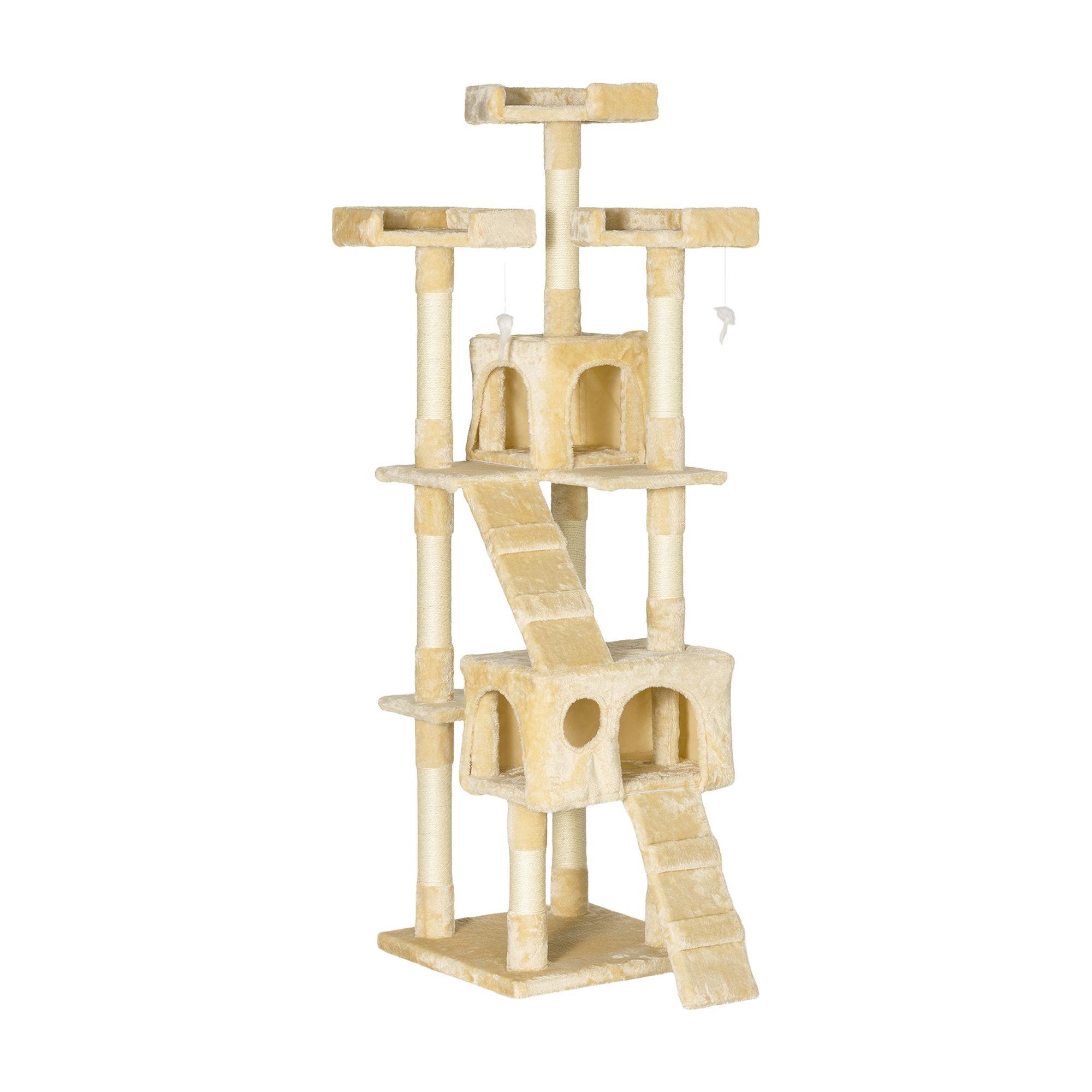 PawHut Multi-Level Cat Tower: 67" Beige Kitty Scratching Post Activity Center Condo with Toy for Feline Playtime | Aosom Canada
