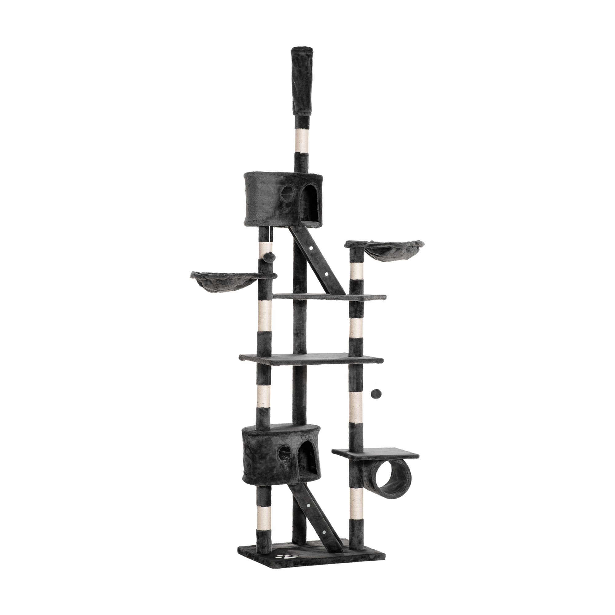PawHut 94"-102" Cat Tower, Floor to Ceiling Cat Tree with Cat Condo, Scratching Post, Multi-Level Activity Center, Dark Grey | Aosom Canada