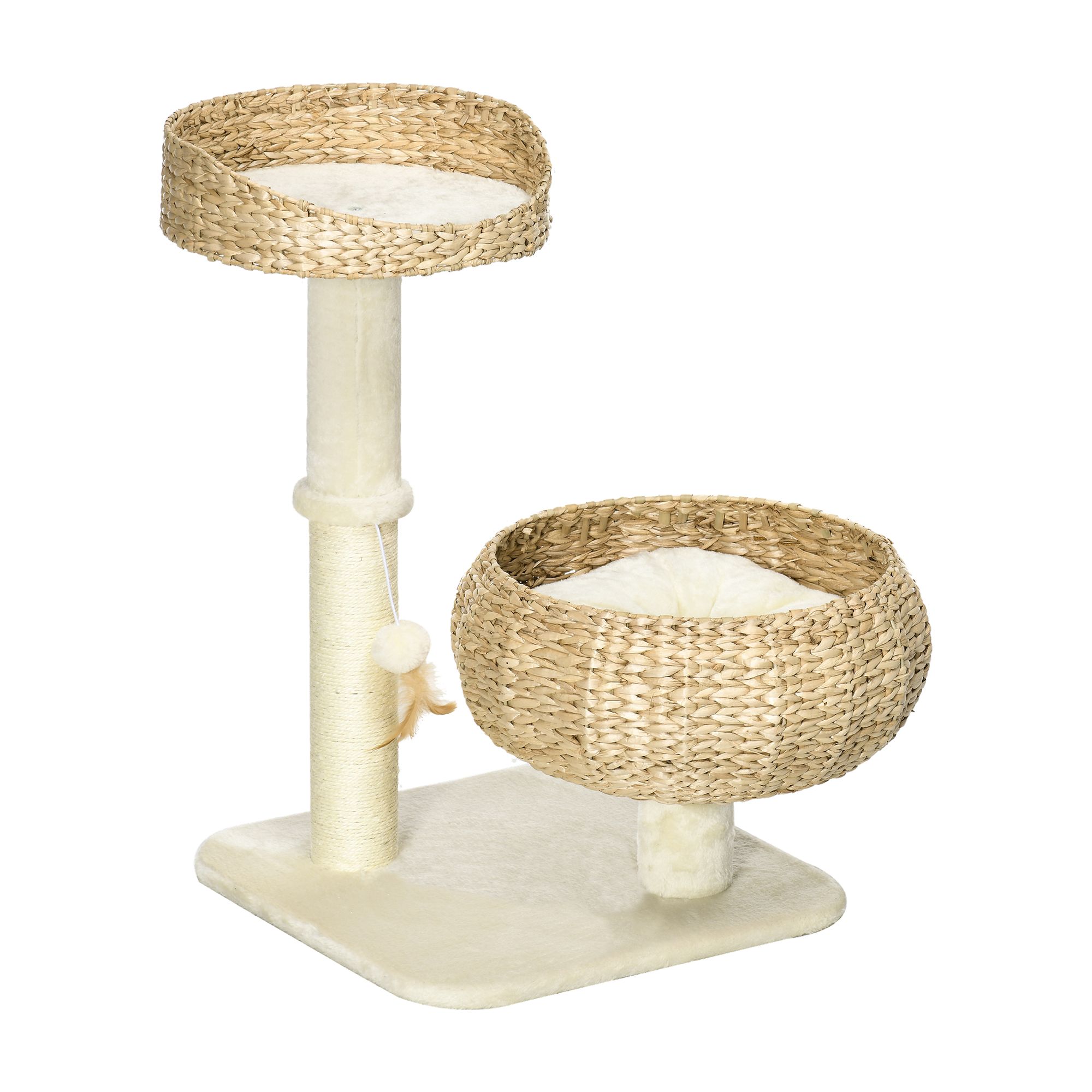 PawHut 28" Cat Tree with Scratching Tower: Double Beds & Post, Beige Finish, Cozy Perches, Sisal-Covered | Aosom Canada