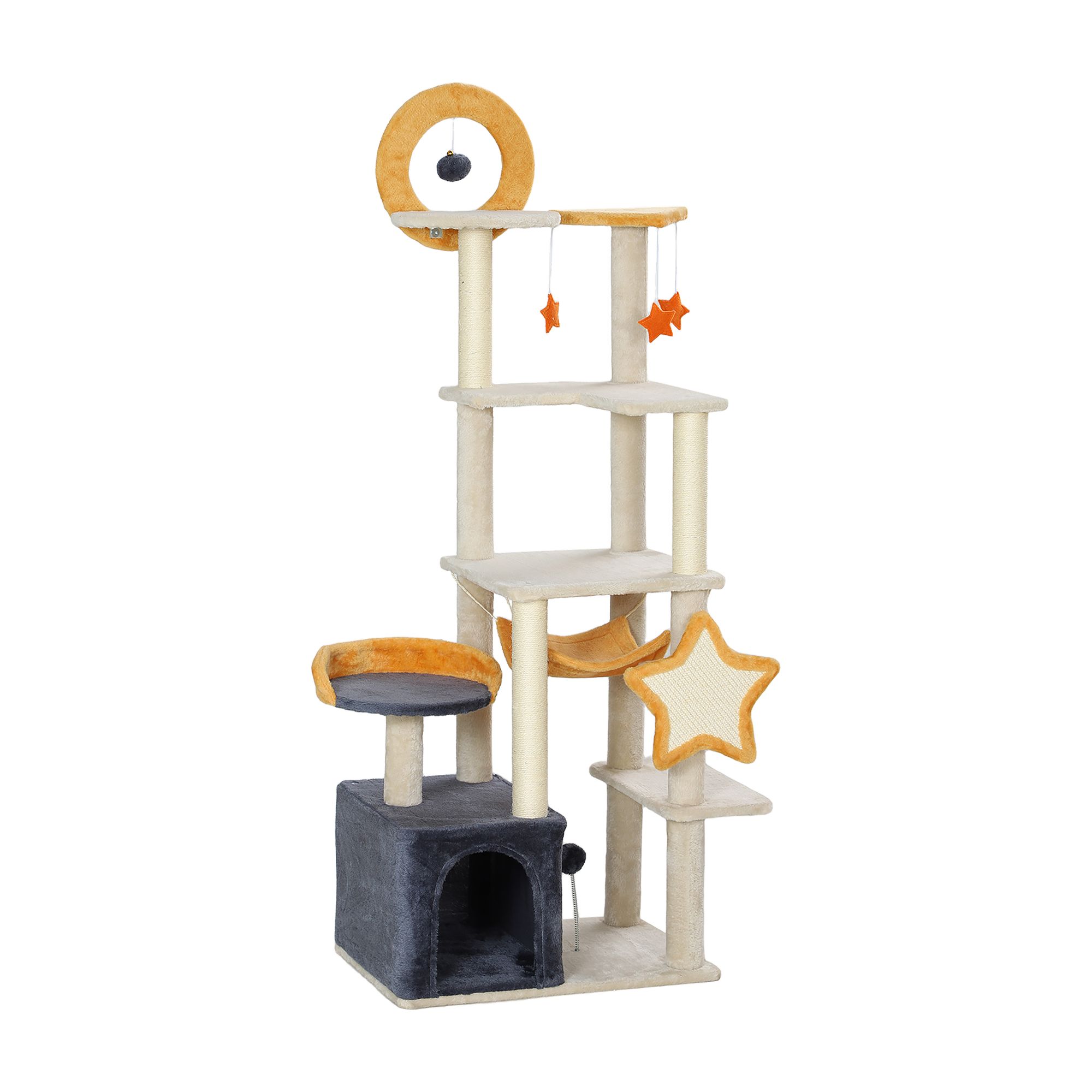 PawHut Star and Moon Themed Cat Tree with Cat Scratching Posts, Cat Condo, Bed, Scratching Board in Beige & Gray & Yellow | PetSmart