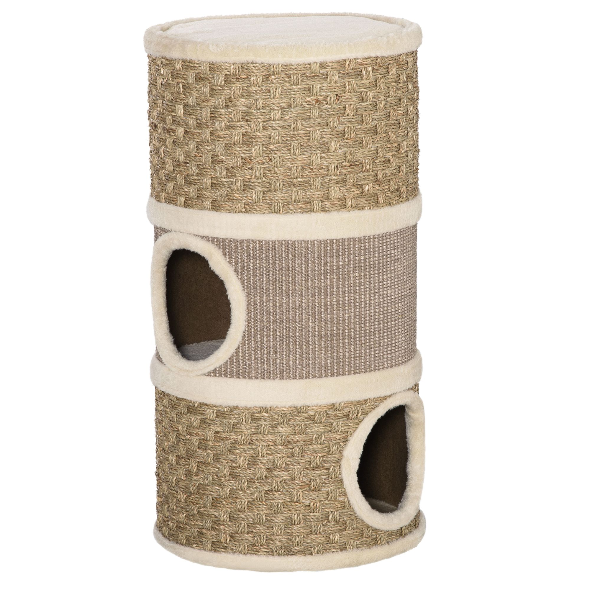 PawHut 3 Story Cat Condo with Sisal Scratching Surface Three Holes Tower for Indoor Cats Khaki and Brown | Aosom Canada