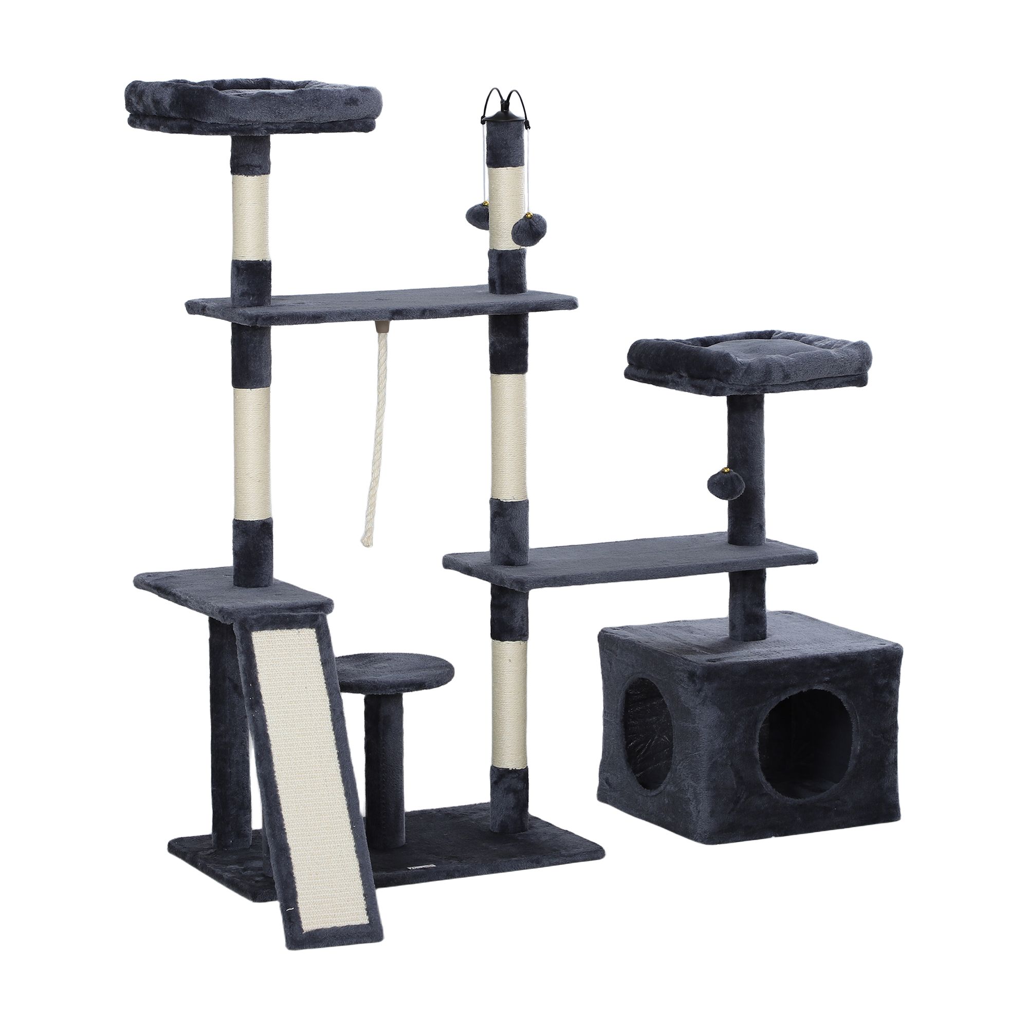 PawHut 53" Cat Tree, Cat Tower with Scratching Posts, Cat Condo, Beds, Platforms, Toy Balls for Indoor Cats, Dark Grey | Aosom Canada