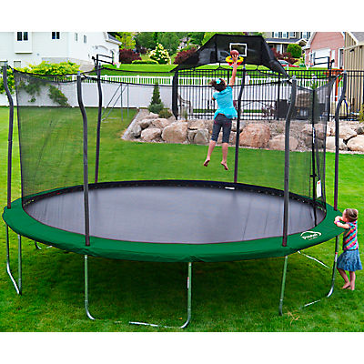 Propel Trampolines 15′ Round Trampoline and Detachable Basketball Hoop, Mister and Enclosure