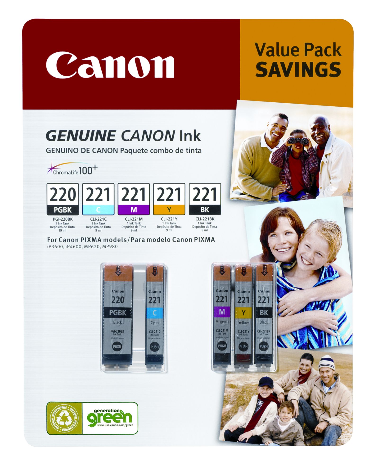 Canon PG-220 and CL-221 Combo Ink Cartridges, 5 Pack