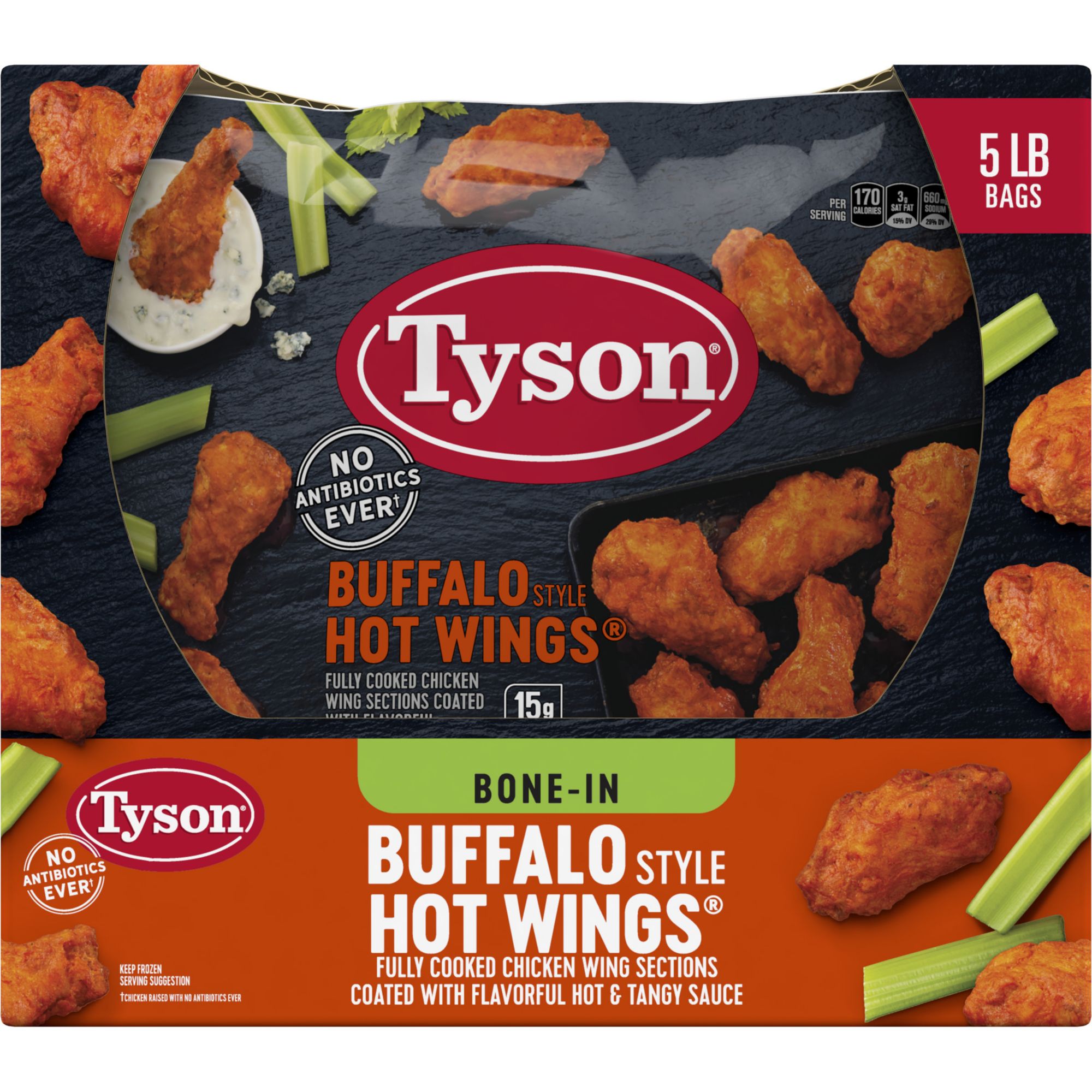 Tyson Frozen Buffalo Style Hot Chicken Wings, 5 lbs.