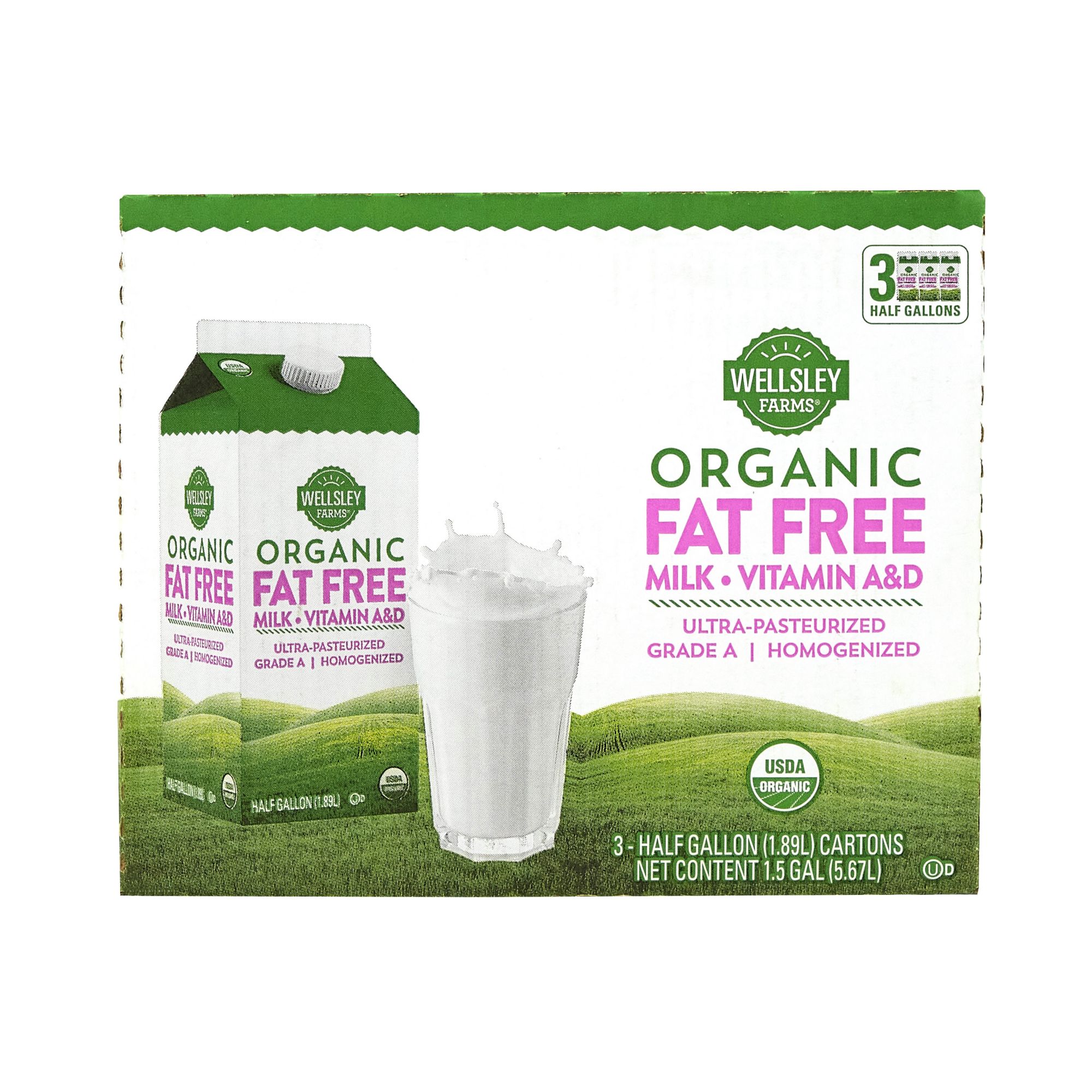 Wellsley Farms Organic Fat-Free Milk, 3 pk./64 oz.